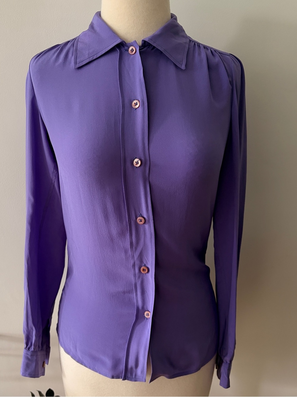 Vintage Prada Purple Silk Long Puff Sleeve Button-Down Women's Blouse 38